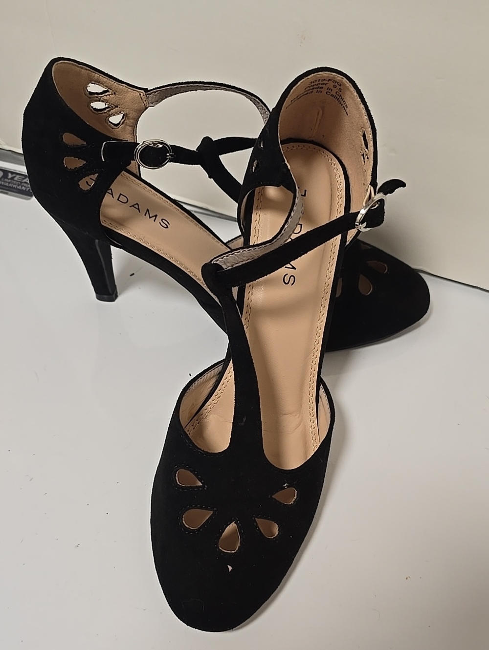 J Adams Black Suede T-Strap Heels with Cutout Detail